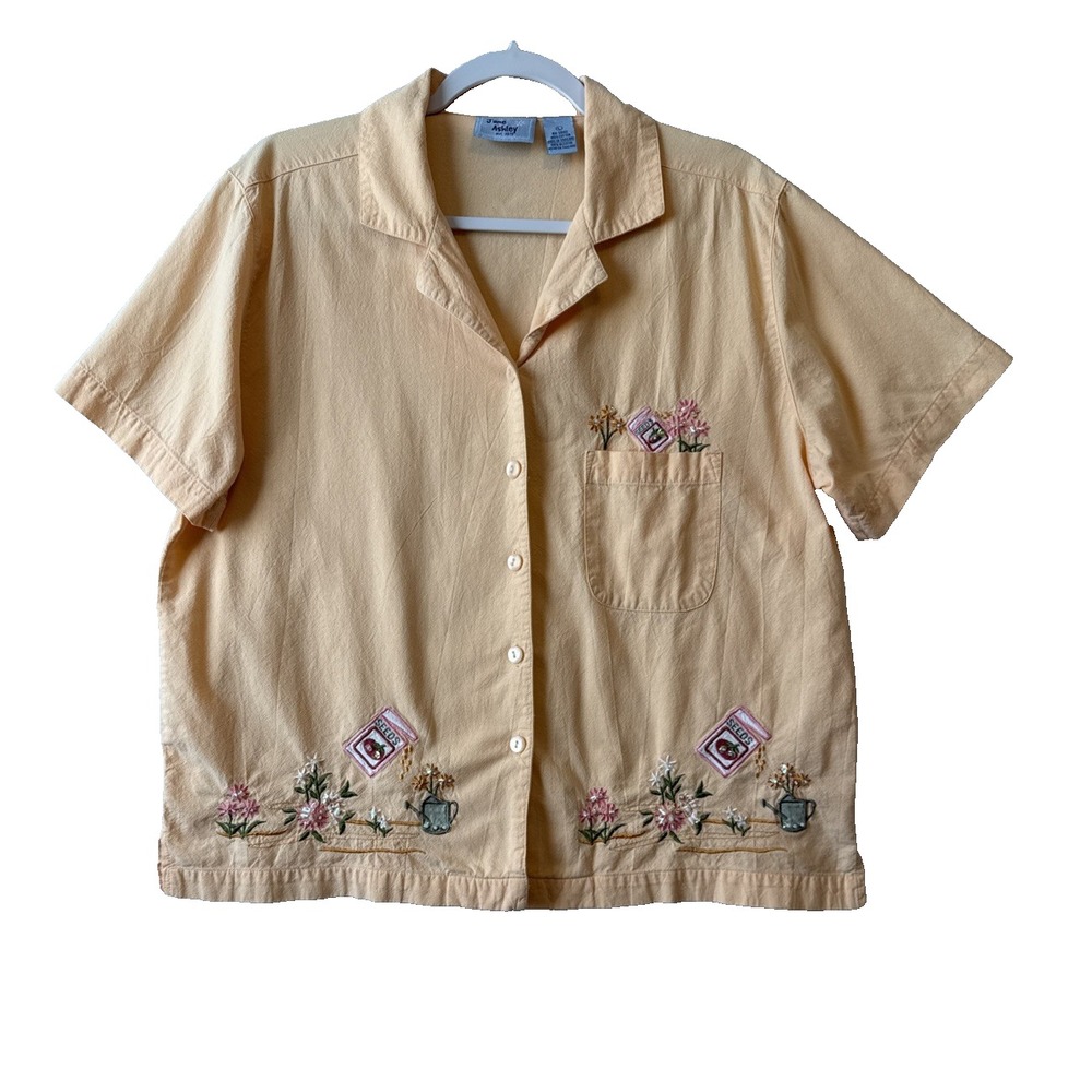 Vtg Jane Ashley Embroidered Beaded Button Up Top Peach‎ Garden Cottagecore L